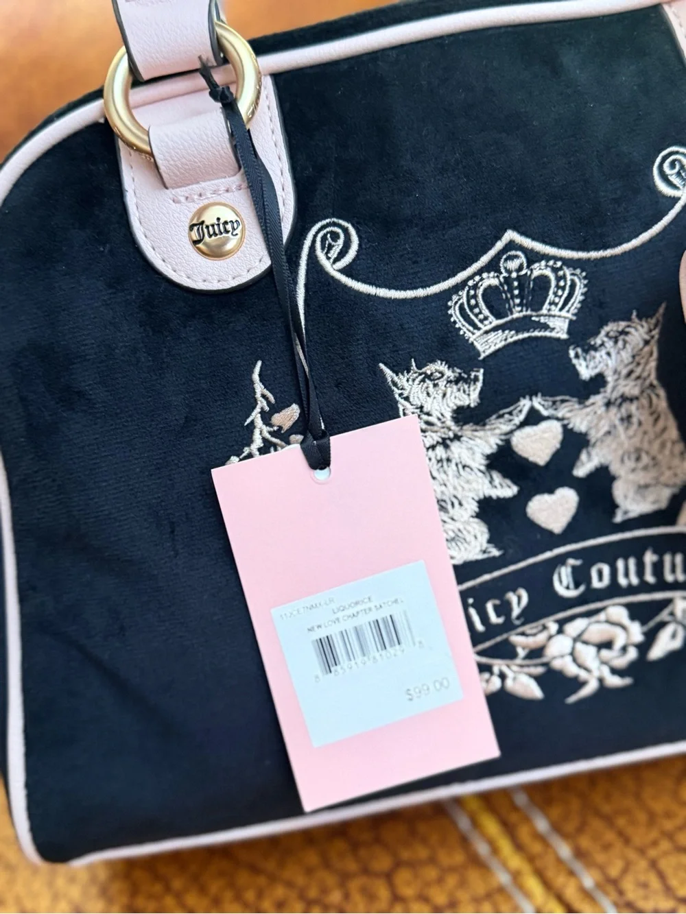 Juicy Couture New Love Chapter Satchel Black Liquorice Velour Gold Handbag